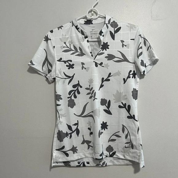 Nike White Floral Notched Neck Short‎ Sleeve Golf Shirt Size XS - Picture 1 of 7